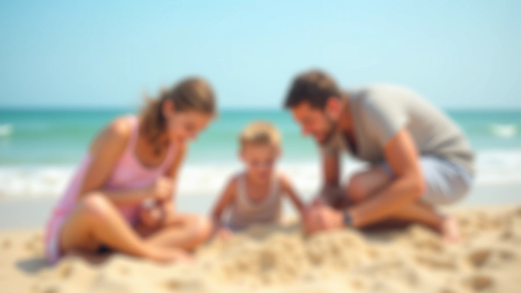 Familie am Strand genießt Ferien mit Kindern, Meereslandschaft