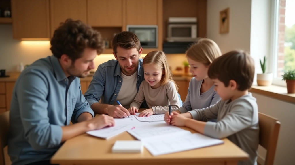 Familie plant Betreuungsplan, Kalender und verschiedene Optionen aufgelistet, familiäre Atmosphäre