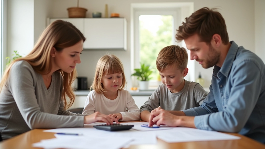 Familie bei der Finanzplanung mit Kindergeld und Budget-Dokumenten am Esstisch