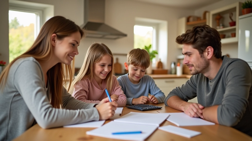 Familie sitzt am Esstisch mit Budgetplaner und Taschenrechner, helle Küche, Tageslicht