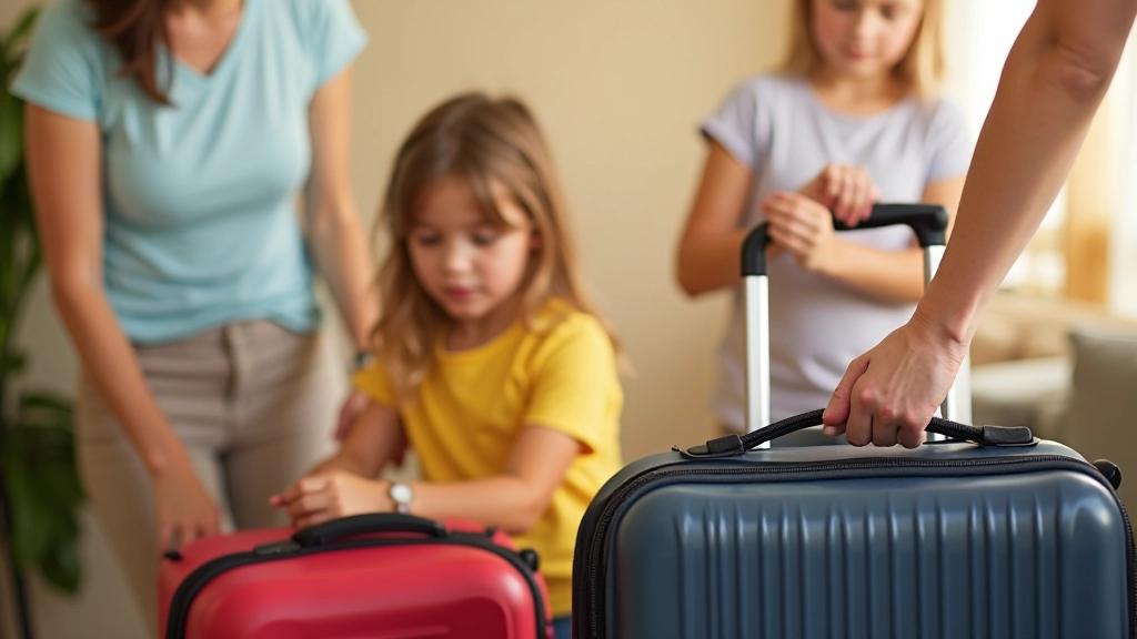 Familie beim Packen von Koffern für den Urlaub, bunte Sommerkleidung, gemütliche Atmosphäre