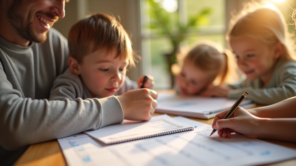 Eltern und Kind planen Schulbudget mit Kalender und Notizblock, gemeinsam am Tisch sitzend, freundlich