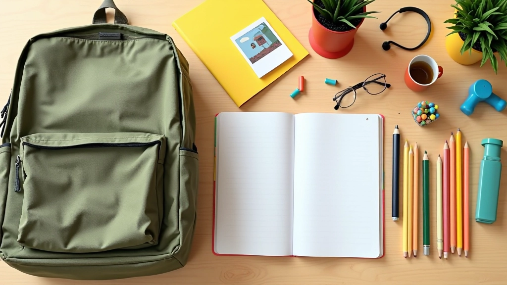 Schulrucksack und Schulmaterialien auf Holztisch, buntstifte und hefte arrangiert