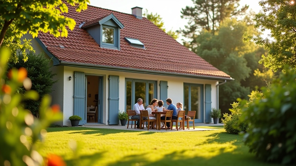Gemütliches Ferienhaus mit Garten und Terrasse, Familie sitzt im Freien, Sommeratmosphäre